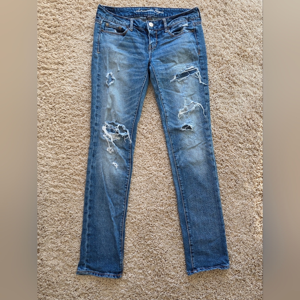 American Eagle Outfitters Distressed Skinny Jeans in Denim Blue